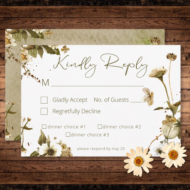 Sommarblommor och Daisy Bröllop tredagsmat OSA Kort (Summer Wildflowers & Daisies Wedding Three Dinner RSVP Card)