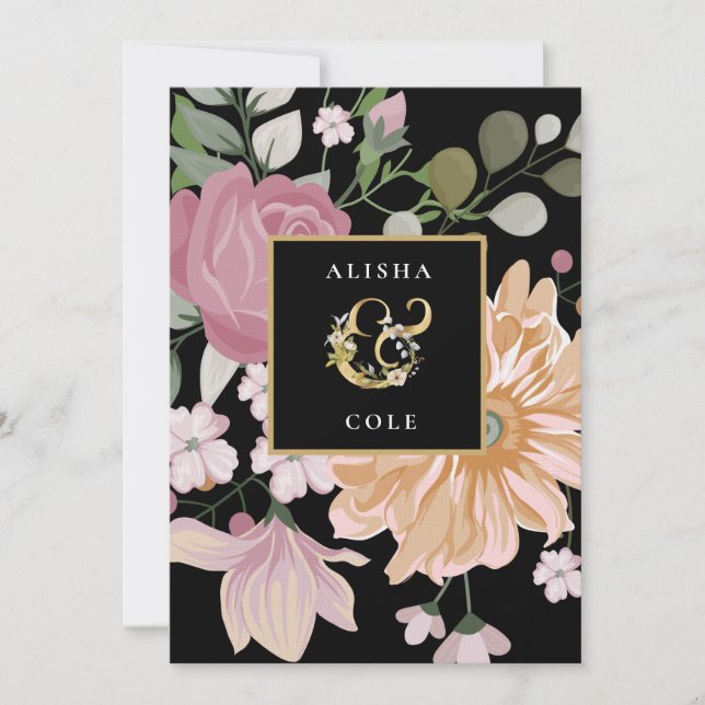 Sommarblommor på svart bröllop inbjudningar (Framsida)