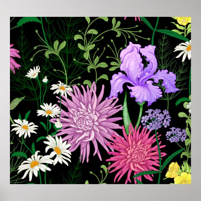 Sommarblommor Sömlös Vild Sketch Poster (Framsidan)