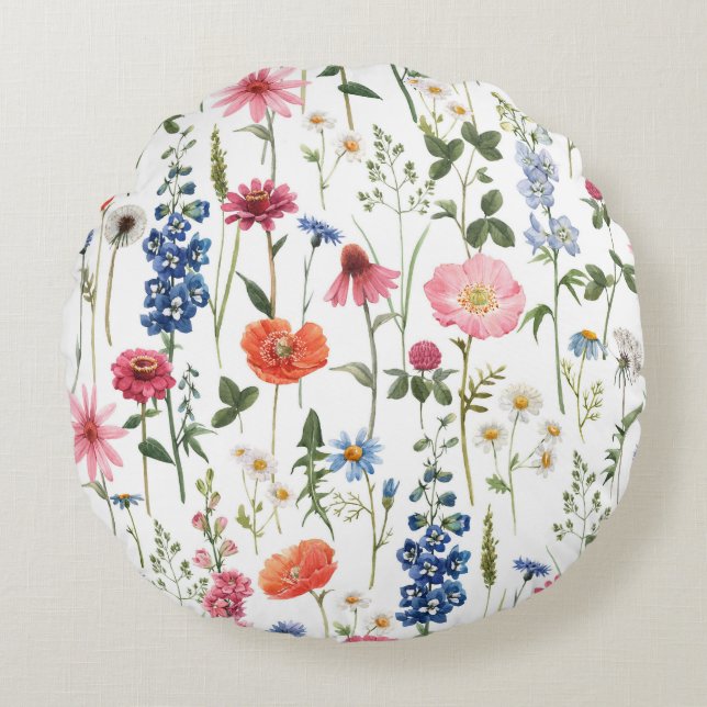 Sommarblommor, vattenfärgade sömlösa mönster. rund kudde (Framsidan)