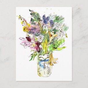 Sommarblommornas Bouquet. Vattenfärgskiss Vykort