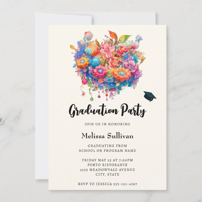 Sommarblomsterbukett Whimsical Boho Examen Inbjudningar (Framsida)