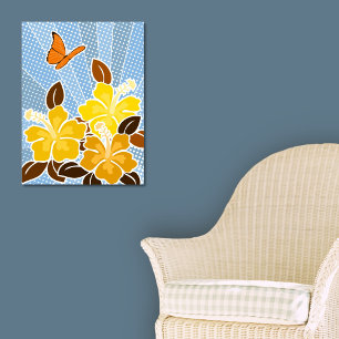 Sommarblooming Gult Hibiscus Butterfly Blå himmel Poster