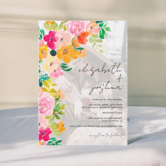 Sommarboho blommigt vattenfärgsfoto bröllop inbjudningar (Summer boho floral watercolor photo wedding invitation)