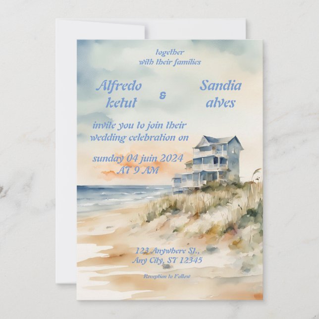 sommarbröllopsinbjudningar strand hav blå inbjudningar (Framsida)