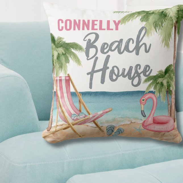 Sommarbuss för kustsjöfart kudde (Personalized Watercolor Beach House Throw Pillow )