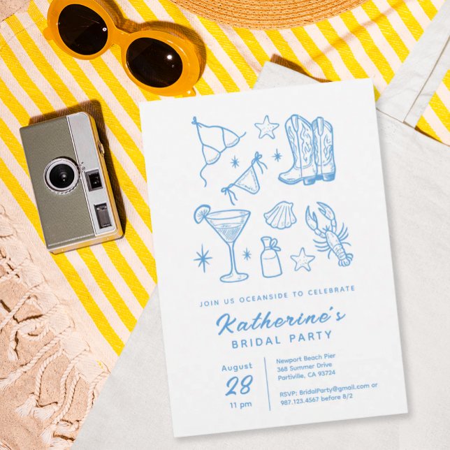 Sommarchic Blå Handritad Strand Bröllopsfest Inbjudningar (Skapare uppladdad)