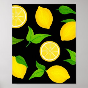 Sommarcitroner med Grönt Löv på svart Gult Poster