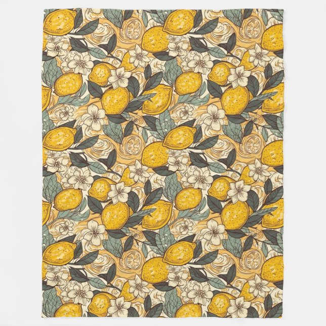 Sommarcitroner och vitblommor fleecefilt (Framsidan)
