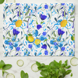 Sommarcitrusfrukter,citroner,blommigt Medelhavet   Kökshandduk