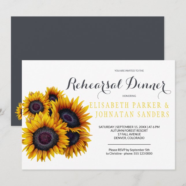 Sommardag, Gult Solblommor Rehearsal Dinner, Elega Inbjudningar (Fram/baksida)