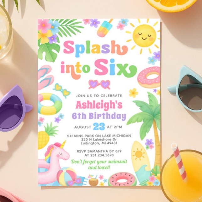 Sommardag i 6e - Stänk in i sex Inbjudningar (Summer 6th Birthday Invitation - Splash into Six
)