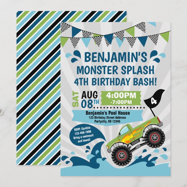 Sommardag i Monster Lastbil Bassäng Party Inbjudningar (Fram/baksida)