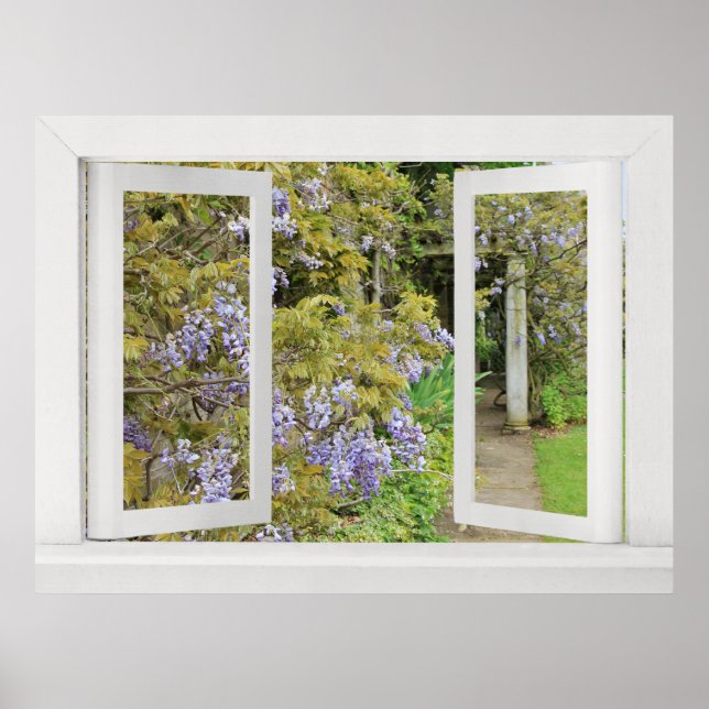 Sommardagar - Öppet fönsterutsikt med blå wisteria Poster (Framsidan)