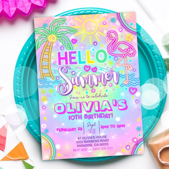 Sommardagsinbjudan Hej sommaren Party Inbjudningar (Neon Hello Summer Party Invitation)