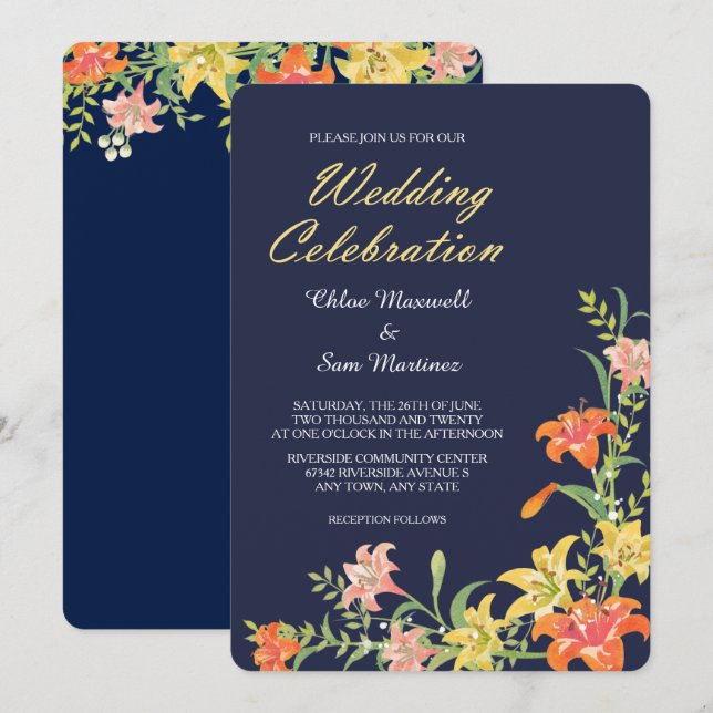 SommarDaylilies on Navy Blue Wedding Investigation Inbjudningar (Fram/baksida)