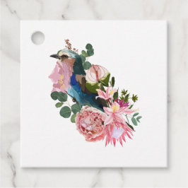 Sommardesign med fågel- och rosa blommor. gåvor etiketter