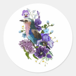 Sommardesign med fågel- och violettblommor. runt klistermärke