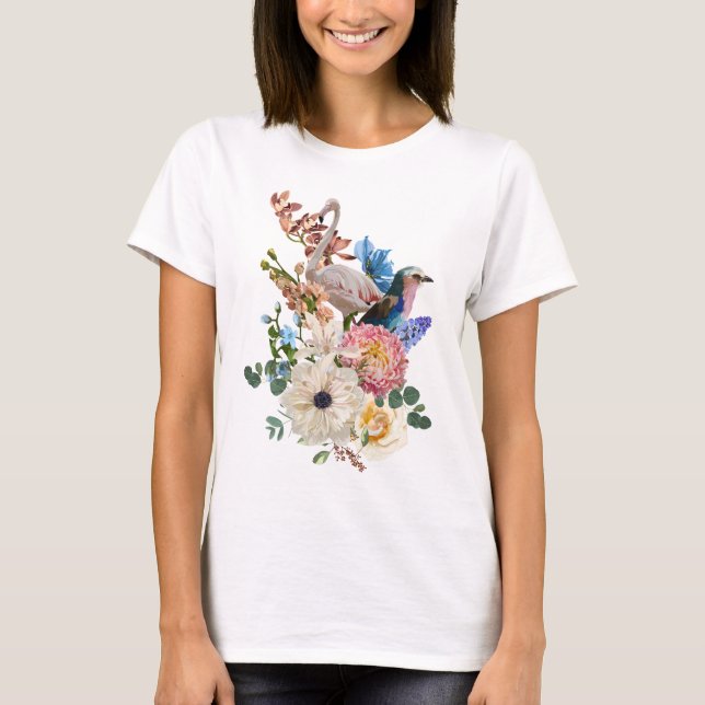 Sommardesign med flamingofågel, tropisk strand i t shirt (Framsida)