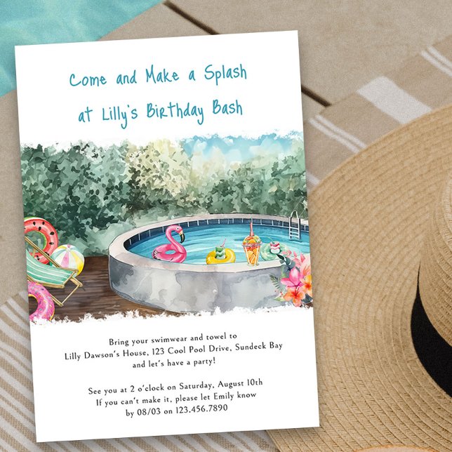 Sommaren Bassäng Party gör ett utslag i Barns föde Inbjudningar (Kids Pool Party Invitation for any age birthday)