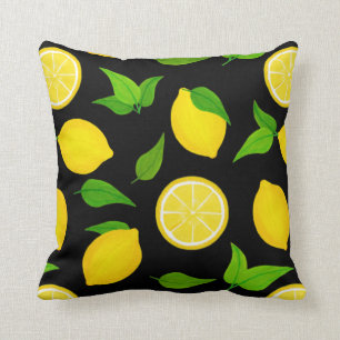 Sommaren Gult Lemons Mönster på svart Kudde