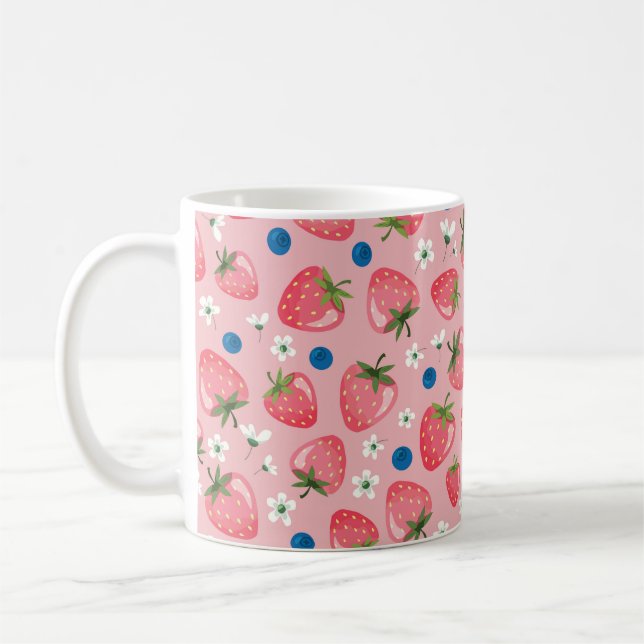 Sommaren jordgubbe, giftig karikatyrbakgrund. kaffemugg (Vänster)