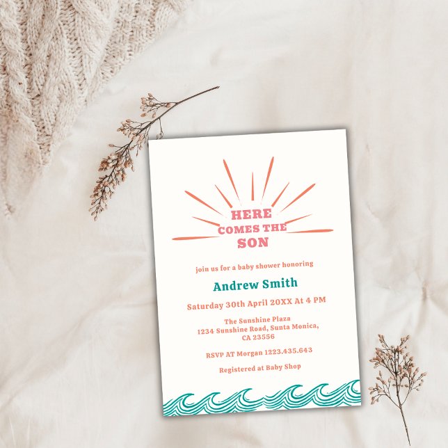 Sommaren kommer hit, babyskon inbjudningar (Beach Summer Here Comes The Son Baby Shower Invitation)