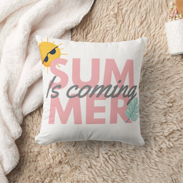 Sommaren kommer rosa och grå typografi kudde (Filt)