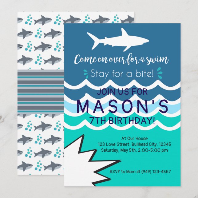 Sommaren Shark Bassäng Party Simma Investigation B Inbjudningar (Fram/baksida)
