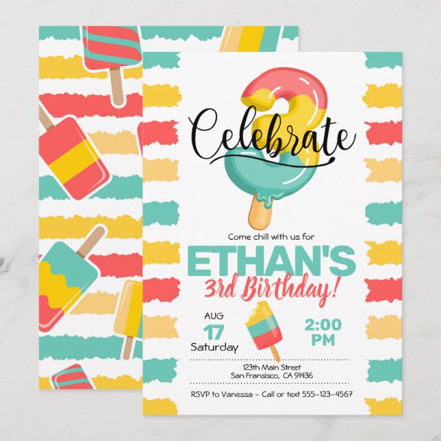 Sommarens 3:e födelsedag inbjudan w/ Popsicle (Fram/baksida)