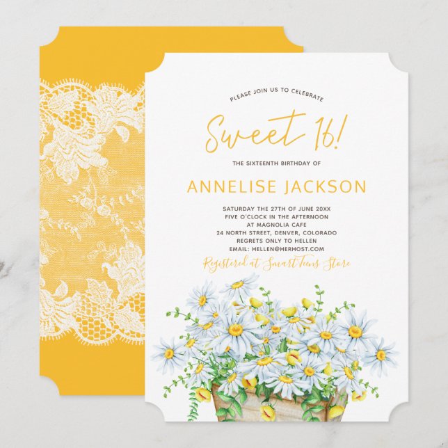 Sommarens daisy gult och vita snöre sweet sixteen inbjudningar (Fram/baksida)