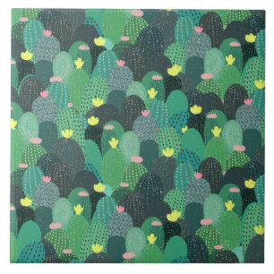 Sommarens Grönt - Teal Cactus & Guld-punkter Cute Kakelplatta