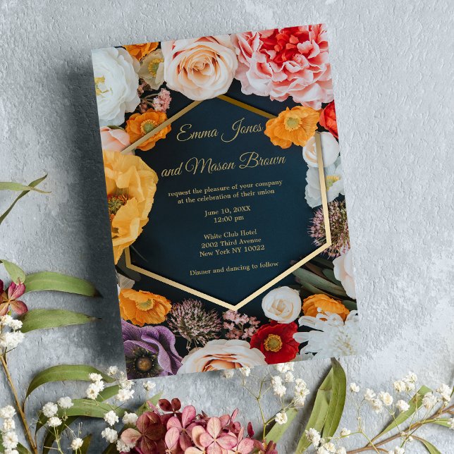 Sommarens gult rosa marinen blått guld blommigt Br Inbjudningar (Summer yellow pink navy blue gold floral Wedding )