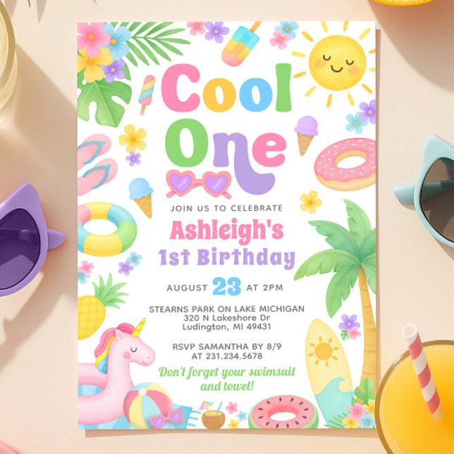 Sommarens inbjudan till första födelsedag - Coola  (Summer 1st Birthday Invitation - Cool One)