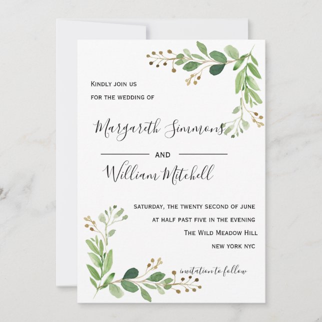 Sommarens löv: inbjudan till Watercolor Wedding (Framsida)
