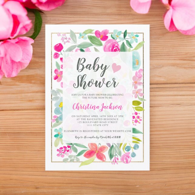 Sommarens rosa blommigt vattenfärgen guld babydusc inbjudningar (Summer pink floral watercolor gold baby shower invitation)
