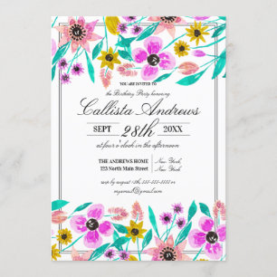 Sommarens Rosa Gult Blommigt Watercolor Birthday Inbjudningar