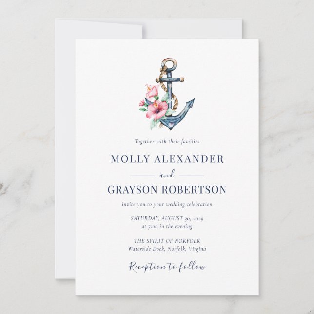 Sommarens tropiska Blommigt Anchor Beach Wedding Inbjudningar (Framsida)