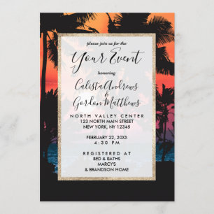 Sommarens Tropiska Rosa Orange Handflatan Träd Sun Inbjudningar