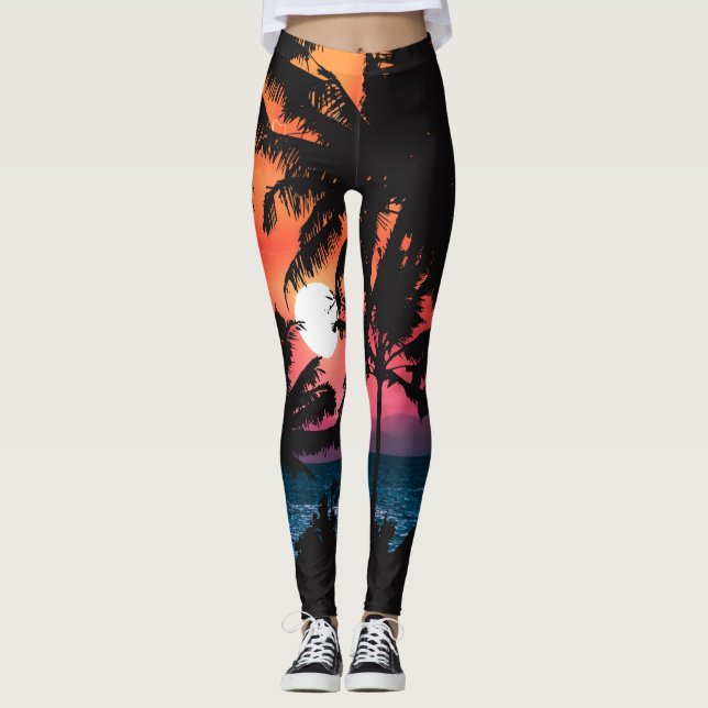 Sommarens Tropiska Rosa Orange Handflatan Träd Sun Leggings (Framsida)