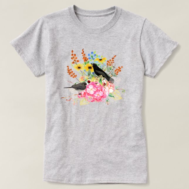 Sommarfåglar Stil i Blomsterträdgård Grått T-Shirt (Design framsida)