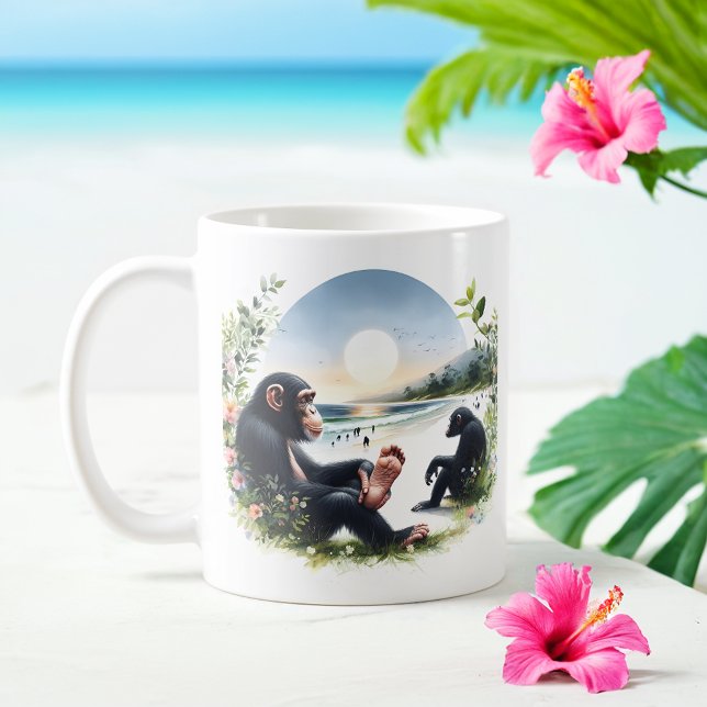 Sommarfärg Chimpanzees på stranden Kaffemugg (Skapare uppladdad)