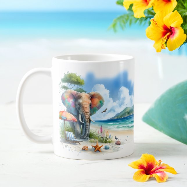 Sommarfärg Elephant på stranden Kaffemugg (Skapare uppladdad)