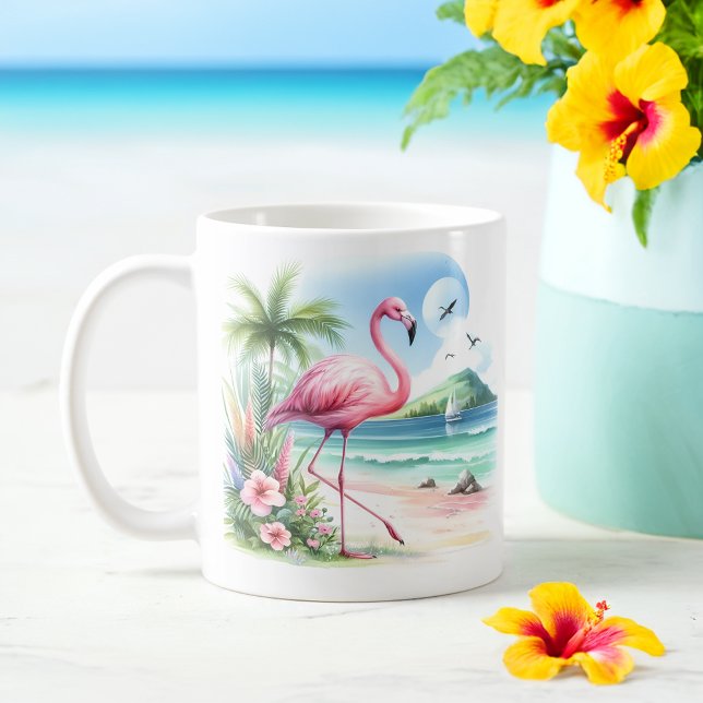 Sommarfärg Flamingo på stranden Kaffemugg (Skapare uppladdad)