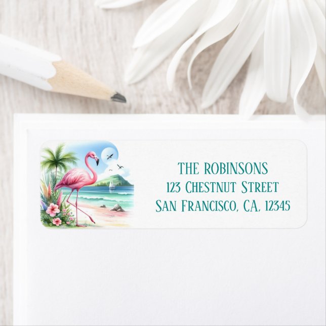Sommarfärg Flamingo på stranden Returadress Etikett (Insitu)