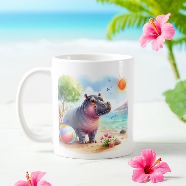 Sommarfärg Hippopotamus på stranden Kaffemugg (Skapare uppladdad)