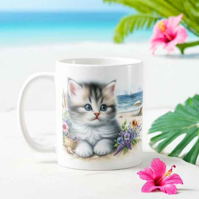 Sommarfärg Kitten på stranden Kaffemugg (Skapare uppladdad)