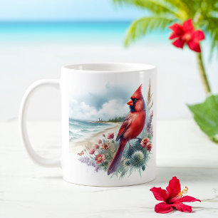 Sommarfärg Norra kardinalen på stranden Kaffemugg