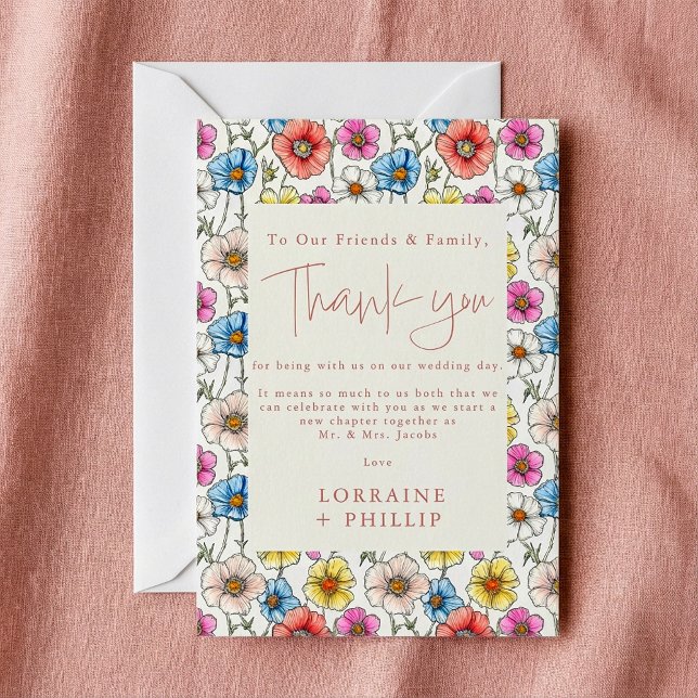Sommarfärgade blommor av vild mönster bröllop tack kort (Summer colourful wild flowers pattern wedding thank you card.)