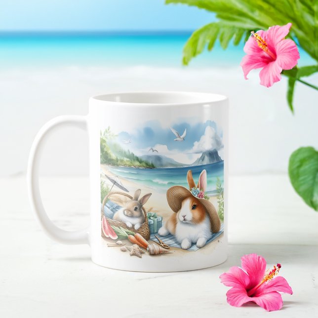 Sommarfärgade kaniner på stranden kaffemugg (Skapare uppladdad)